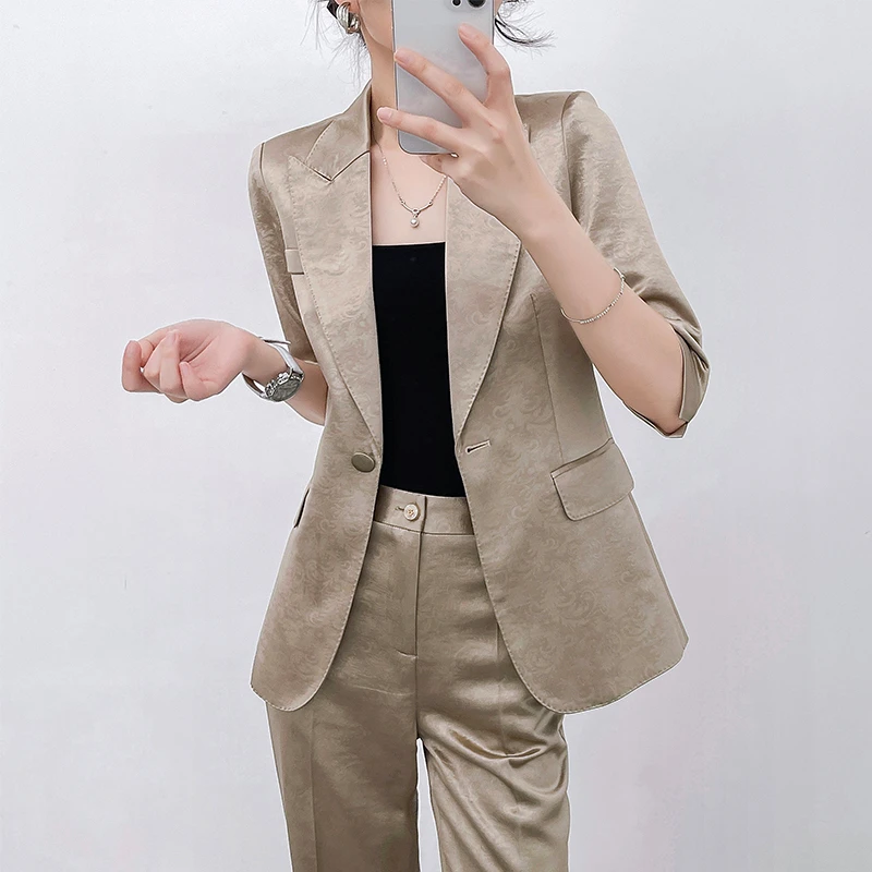 高端职业套装女夏装薄款大牌气质女神范时尚醋酸西装工作服两件套