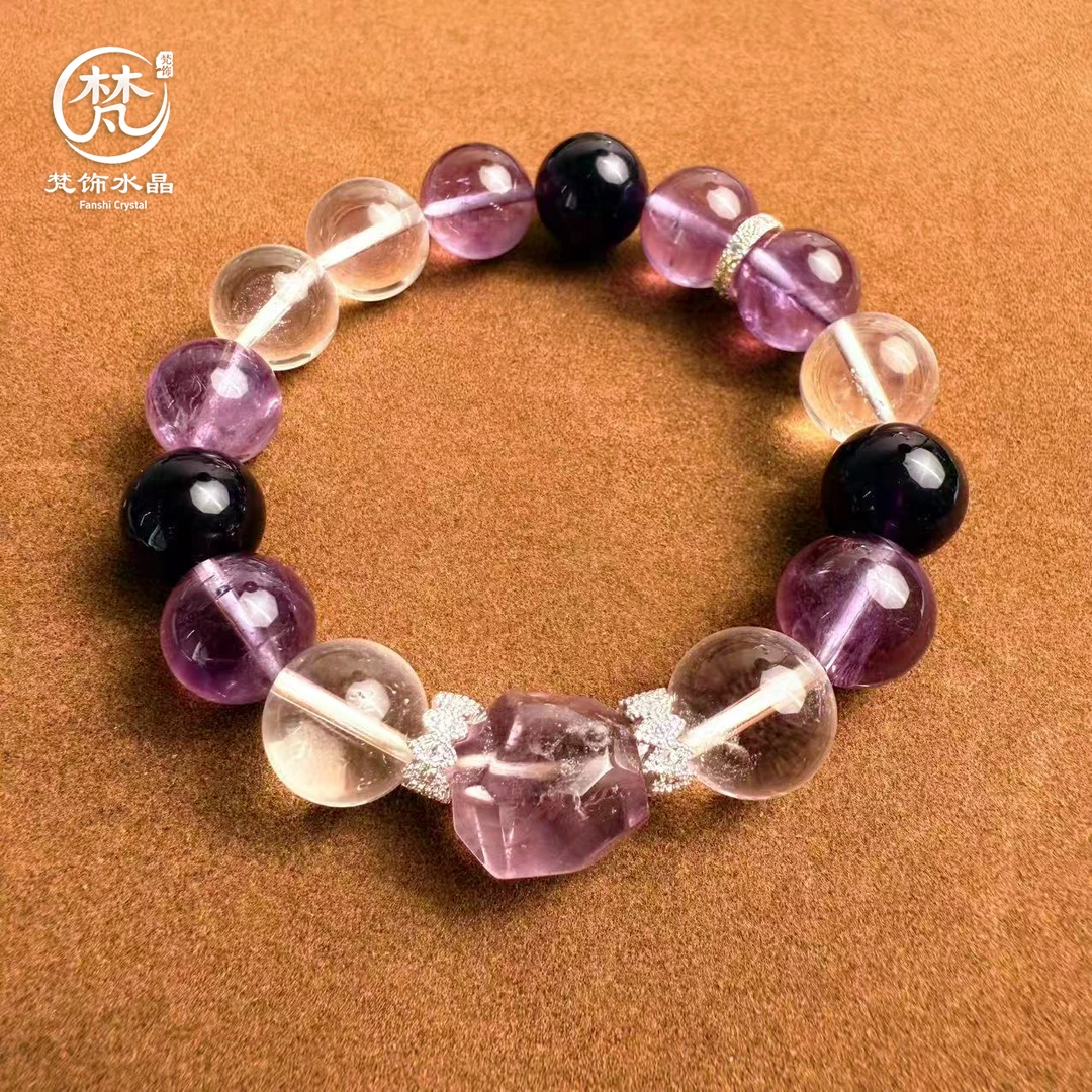 【紫雾梦语】乌拉圭紫水晶＋白水晶＋紫水晶随型水晶手串女
