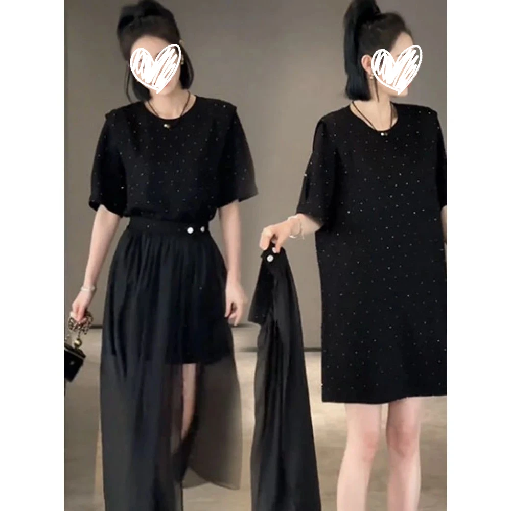 2025新款时尚洋气短袖网纱亮钻恤连衣裙两件套女遮肉显瘦套装