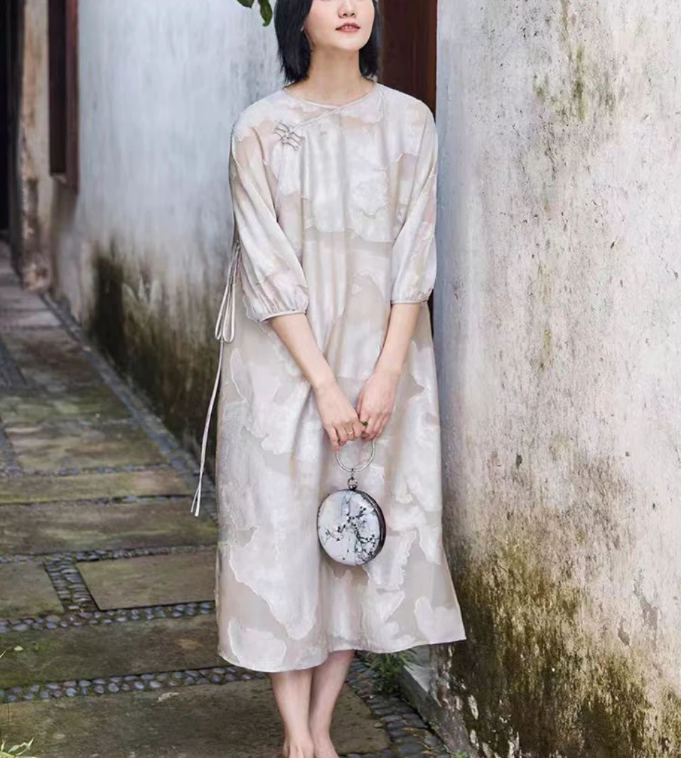 【NA家】丝交织剪花缎系带长裙圆领宽松连衣裙