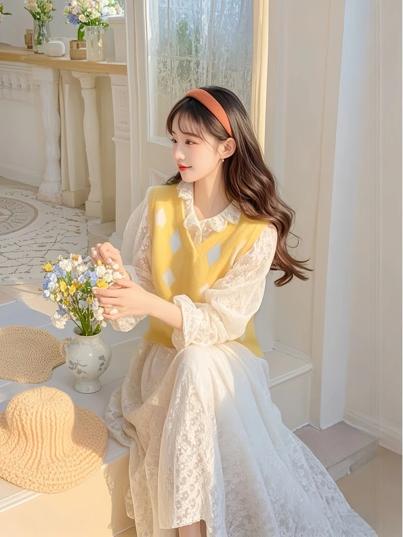 法式超仙连衣裙套装女春季新款甜美温柔风叠穿马甲蕾丝长裙两件套