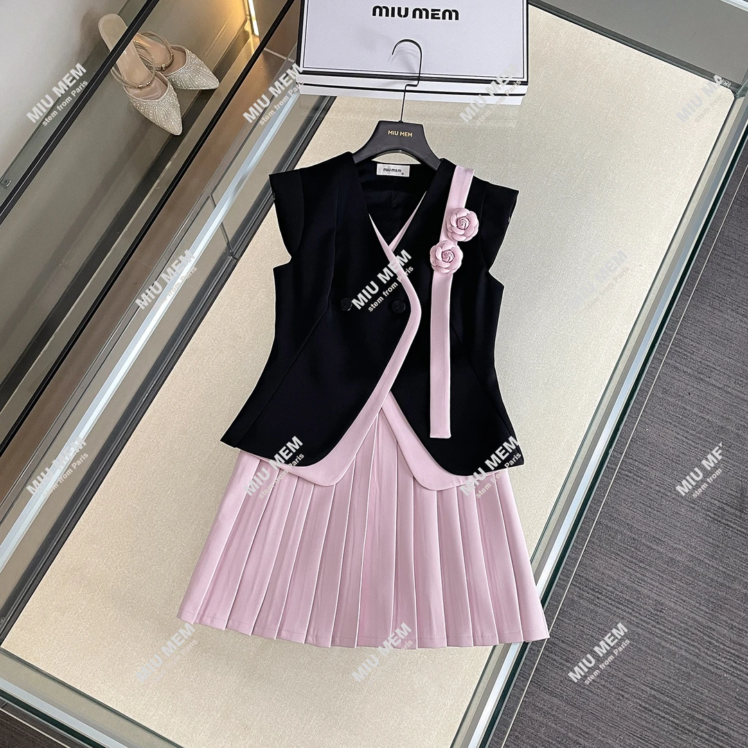 现货夏季新款撞色西装外套百褶裙千金DY6609