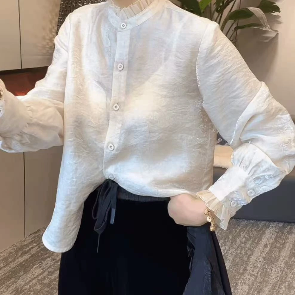 琉璃】褶皱纹理花边领长袖衬衫女秋新款宽松显瘦减龄百搭上衣513