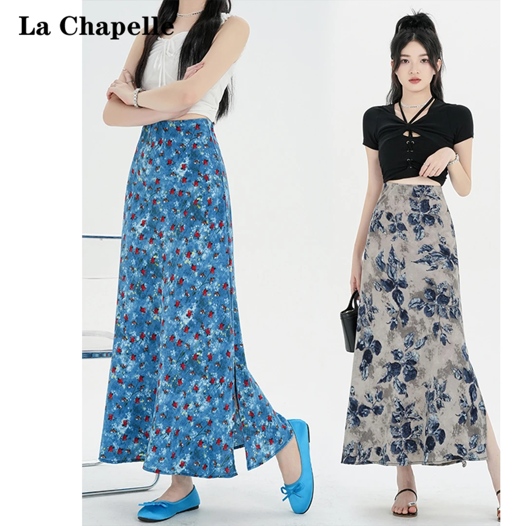 La Chapelle/拉夏贝尔印花雪纺半身裙女2025夏季女开鱼尾A字长裙