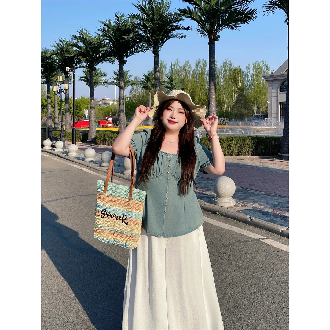 断码捡漏~松间月影/小香风方领显脸小牛仔衬衫14739花契大码200斤