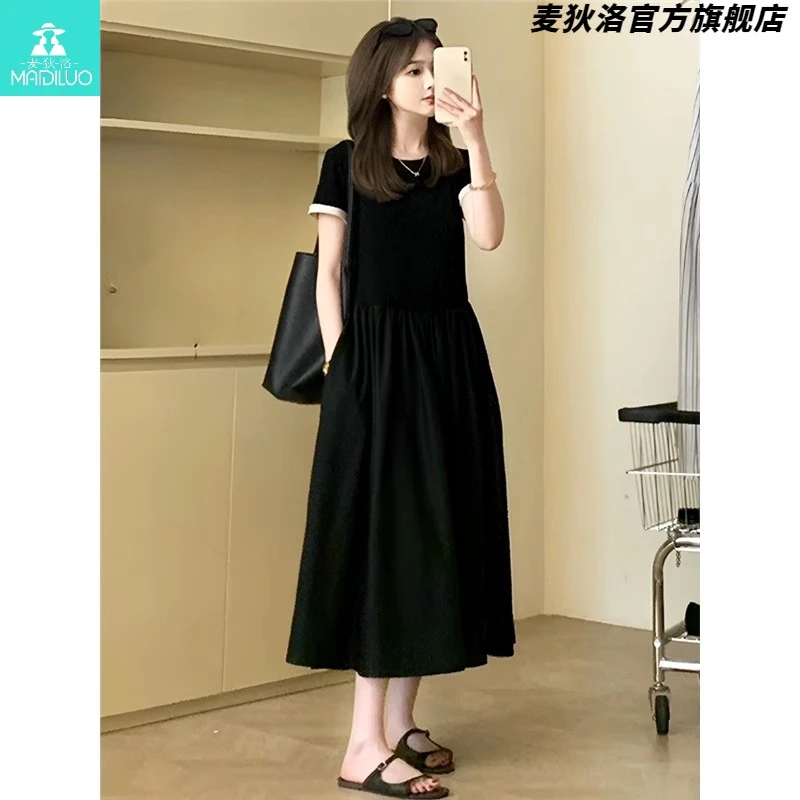 精品夏季新款法式赫本小黑裙高级感撞色简约百搭收腰显瘦连衣裙