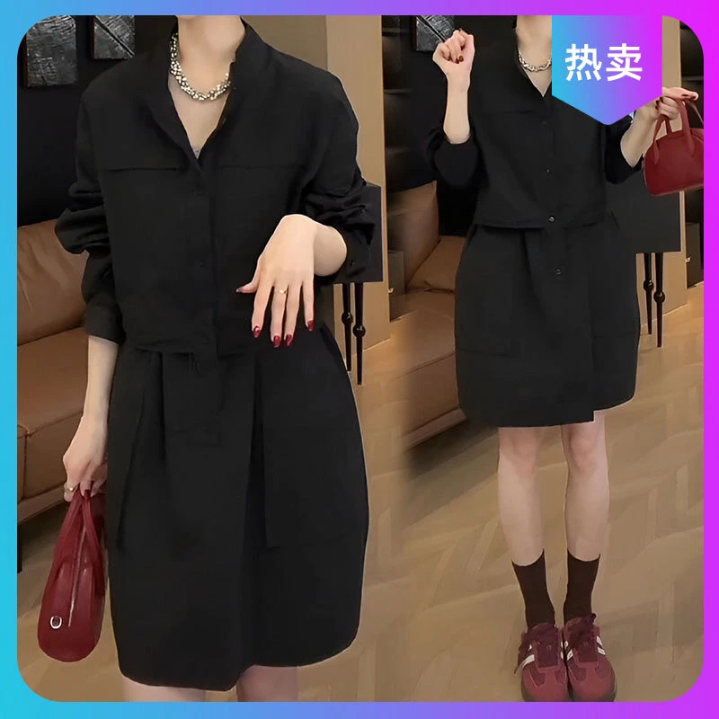 欧货宽松工装抽绳春秋小众假两件休闲女收腰小个子显瘦短裙连衣裙