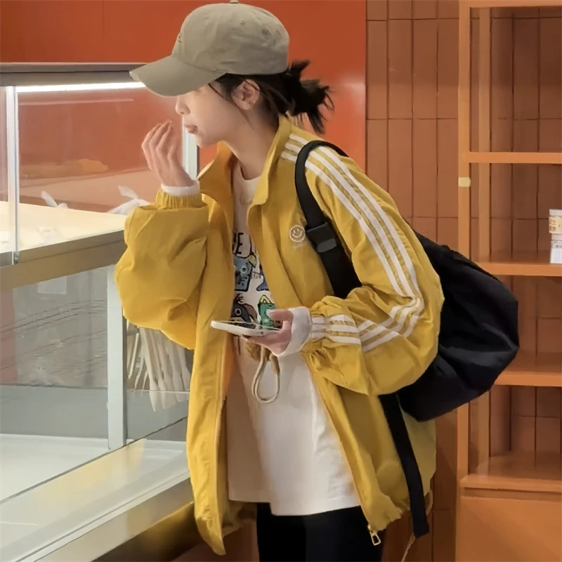 美式拼接笑脸刺绣立领冲锋衣外套女2025春季新款流行宽松夹克上衣