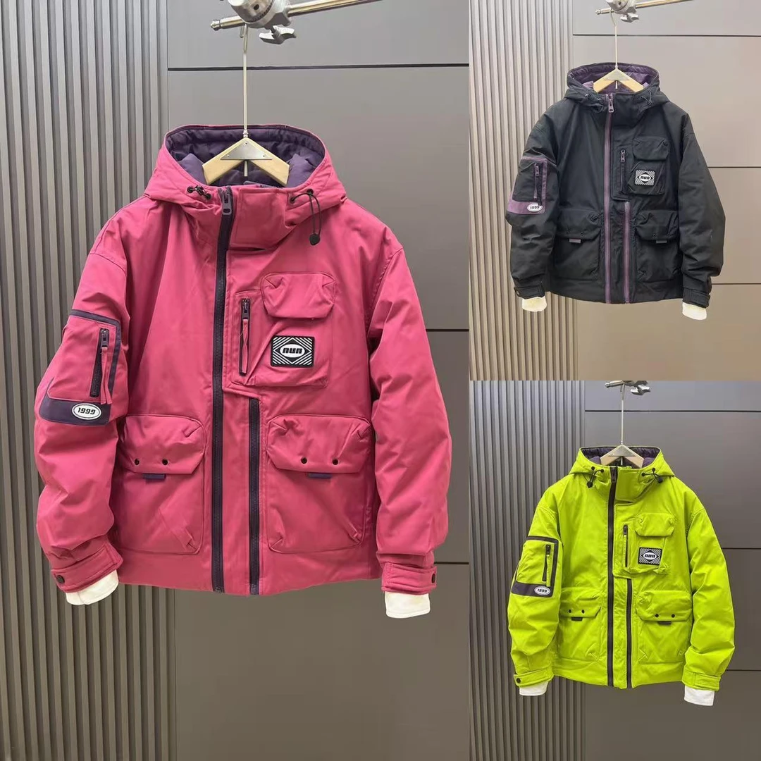 冬季连帽羽绒服口袋情侣工装户外休闲宽松冲锋衣加厚鸭绒保暖外套