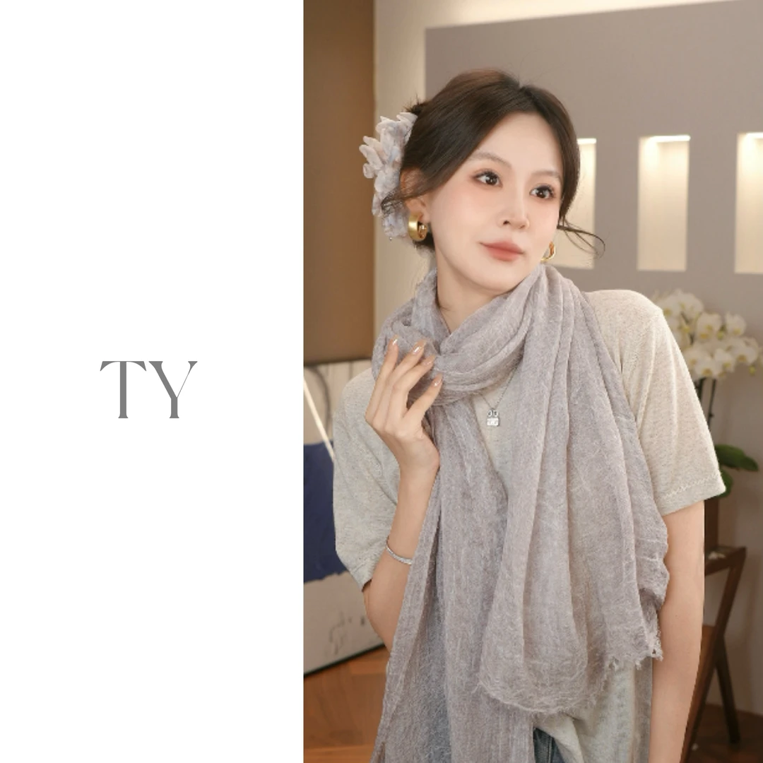 “自然随性”复古褶皱纯色天丝羊毛围巾百搭春夏护颈两用大披肩