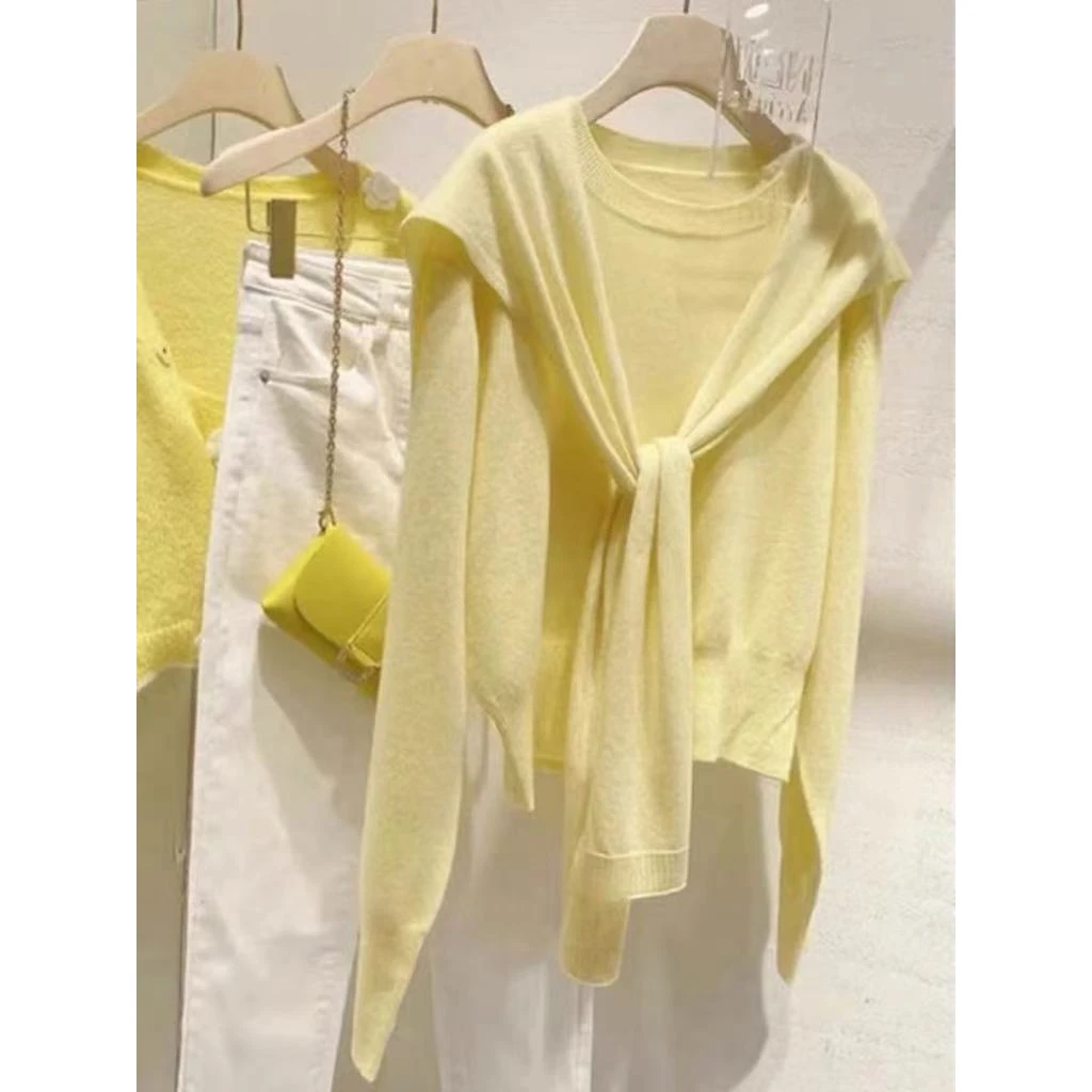 美貌色系！针织衫女慵懒风设计感披肩奶黄色高级感气质两件套毛衣