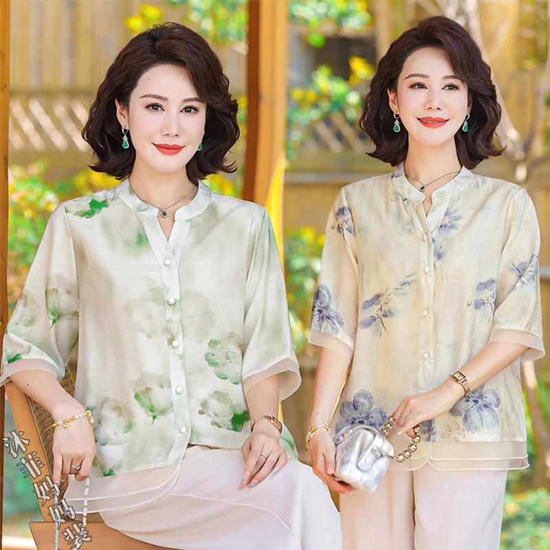 新中式妈妈装国风中袖T恤夏季薄款2025新款中老年女宽松休闲小衫