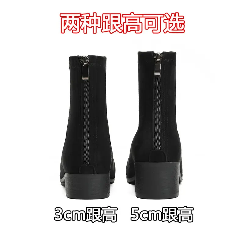 真皮马丁靴女粗跟2025新款秋冬中跟瘦瘦靴软底百搭中跟方头短靴