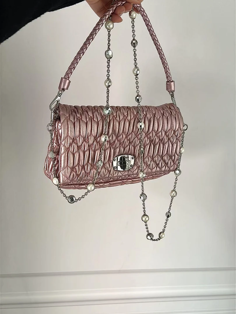 95新 MIU MIU/缪缪 CS5815/miumiu粉色褶皱宝石单肩包