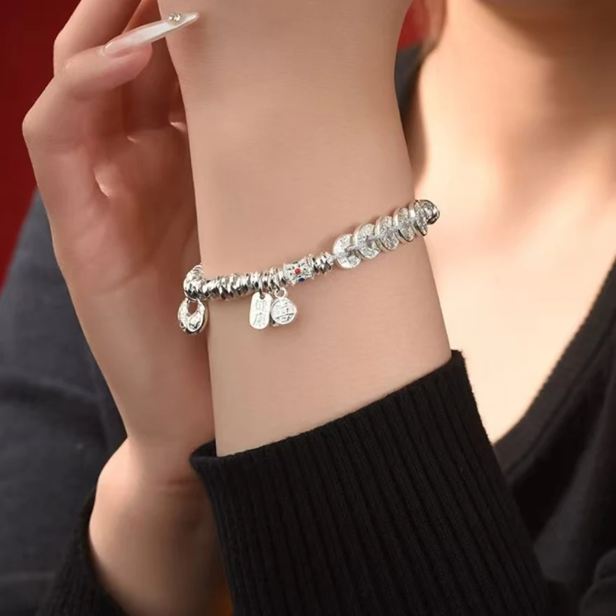 足银珐琅手链 银999.9纯银五帝钱盘缠平安喜乐手链新中式情人节银