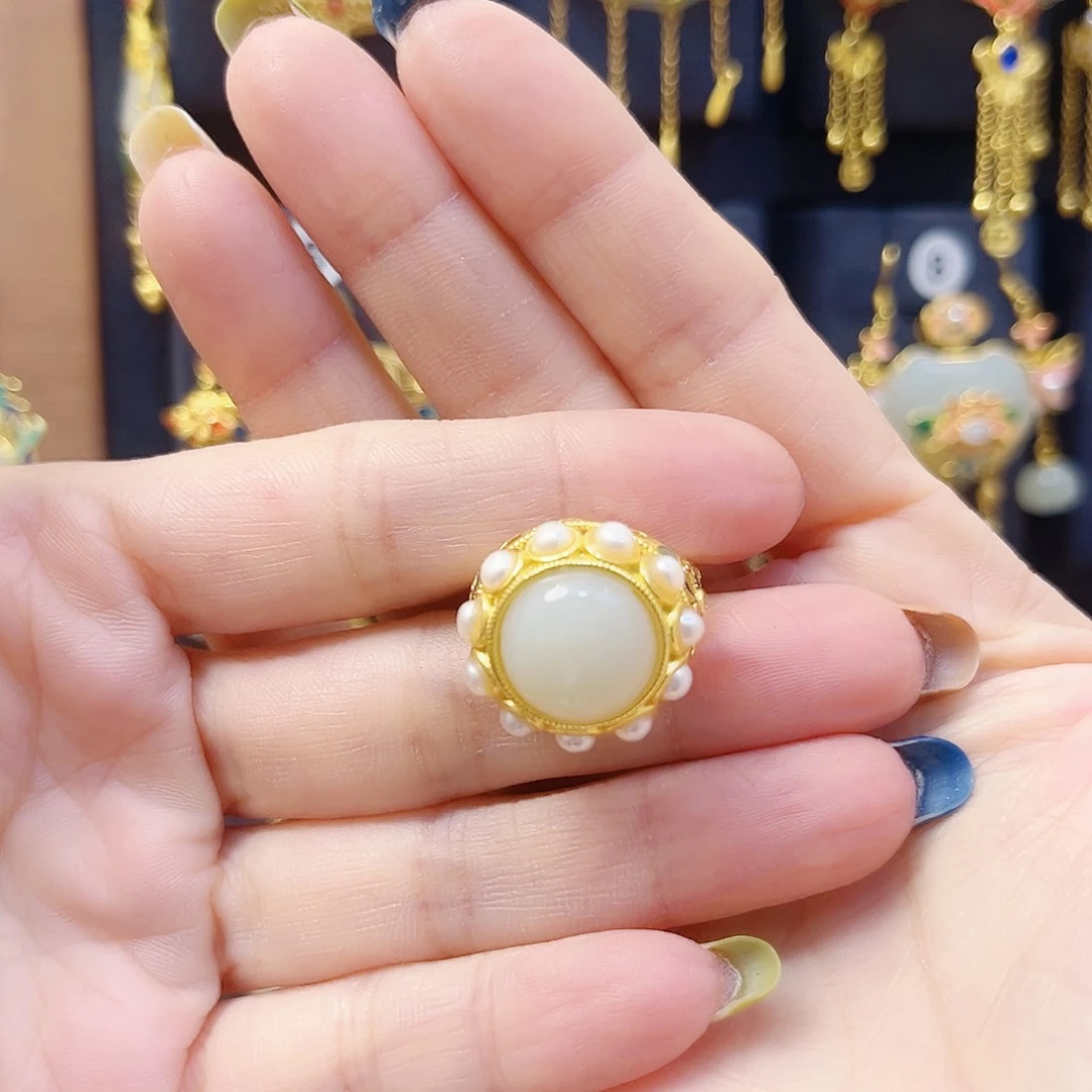 和田玉足银镀金镶嵌戒指