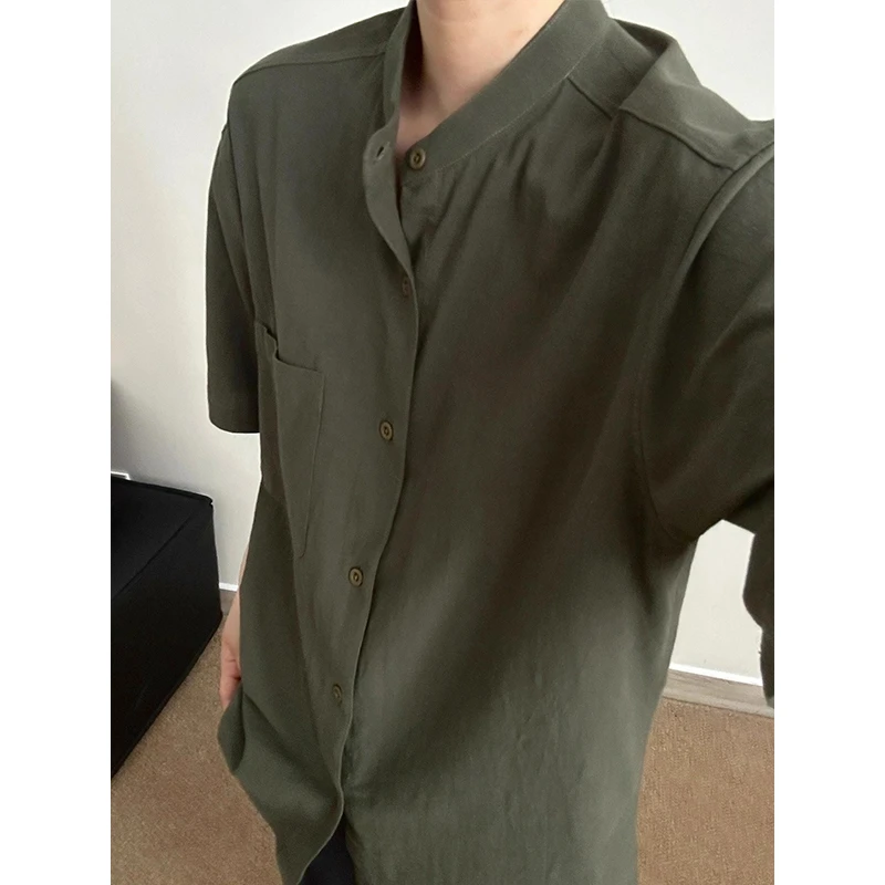 新中式立领短袖衬衫男夏季美式复古休闲衬衣军绿色潮流高级外套