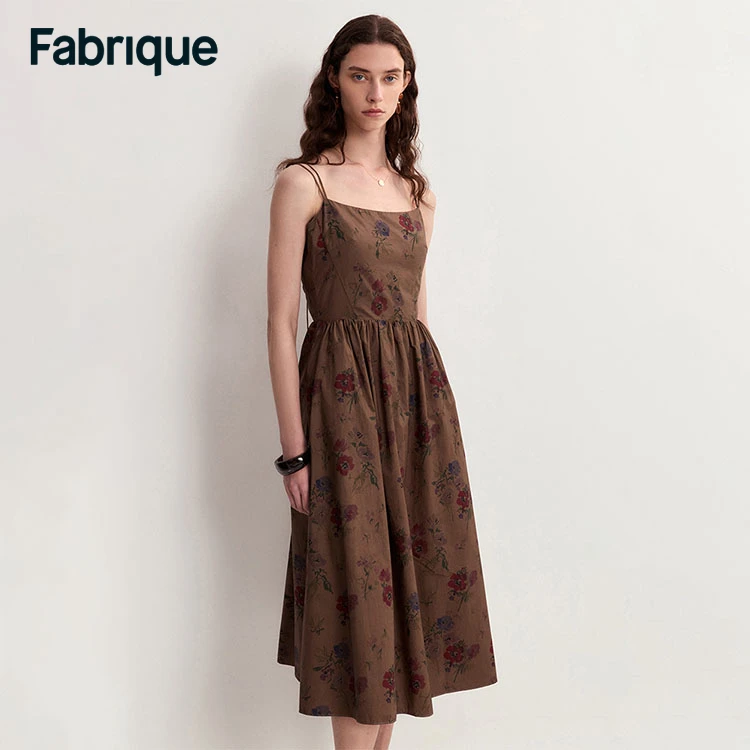 Fabrique Freya 春夏新款咖啡棕纯棉艺术花卉印花法式吊带连衣裙