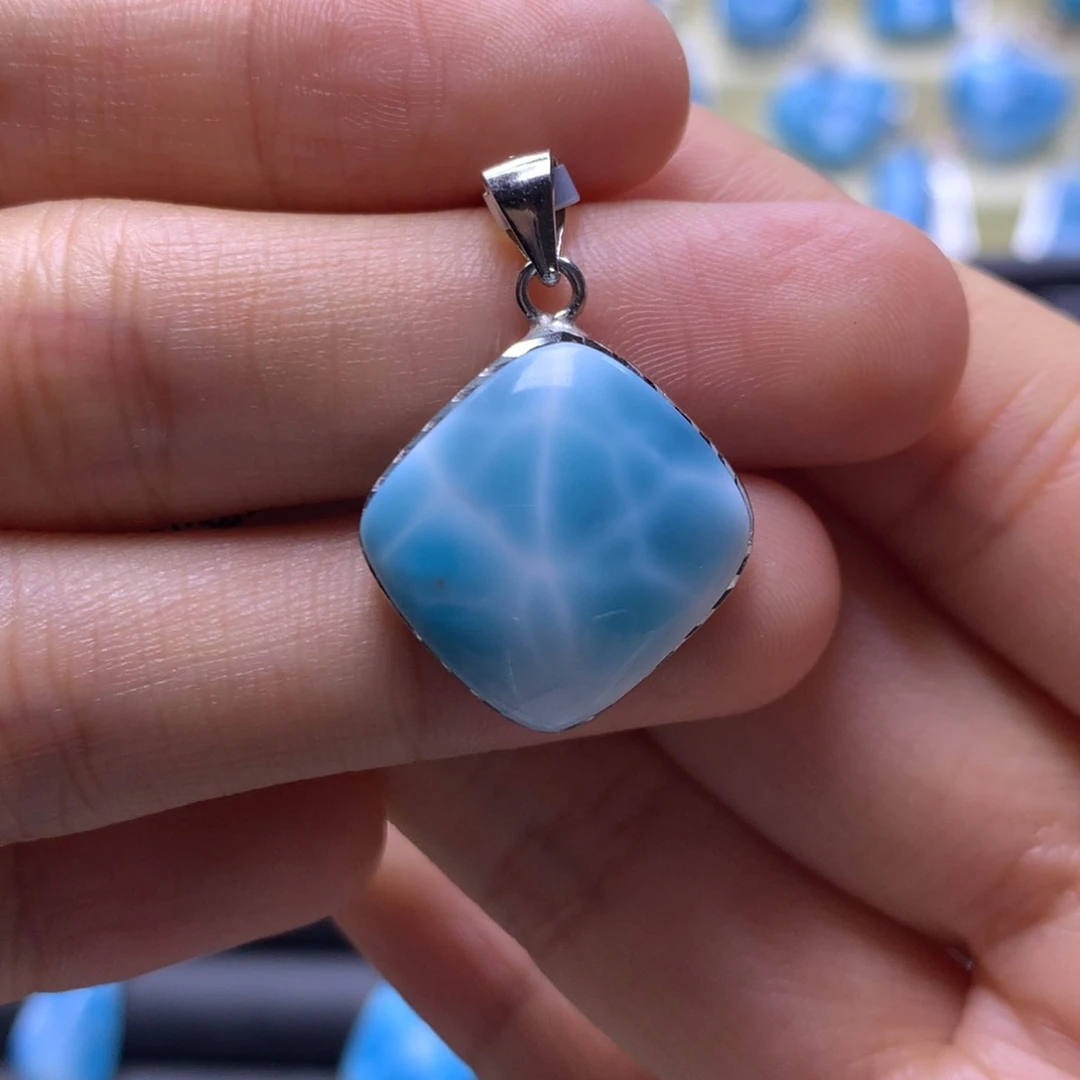 针钠钙石（海纹石）银S925镶嵌吊坠(不含链)无事牌吊坠色差略异