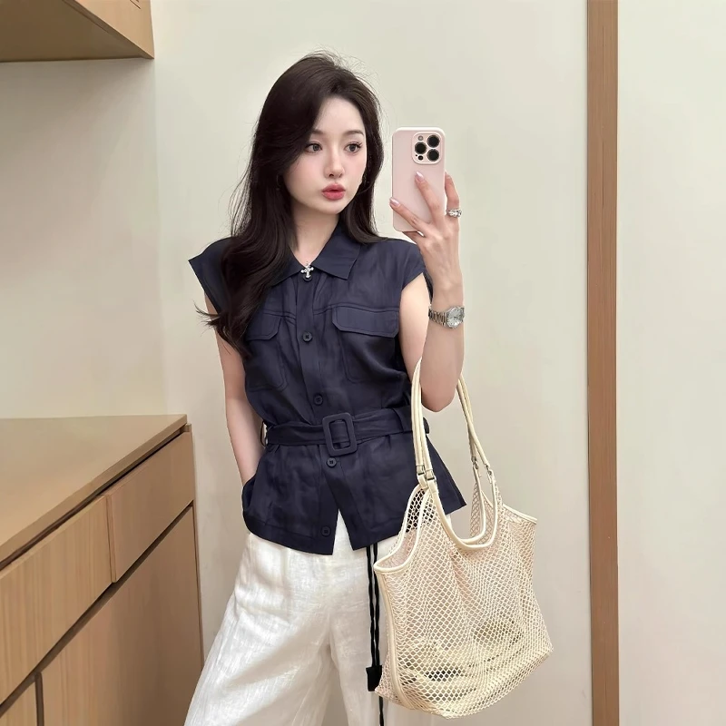 时尚轻奢藏蓝色Polo领小飞袖衬衫女夏高级感洋气减龄无袖背心上衣