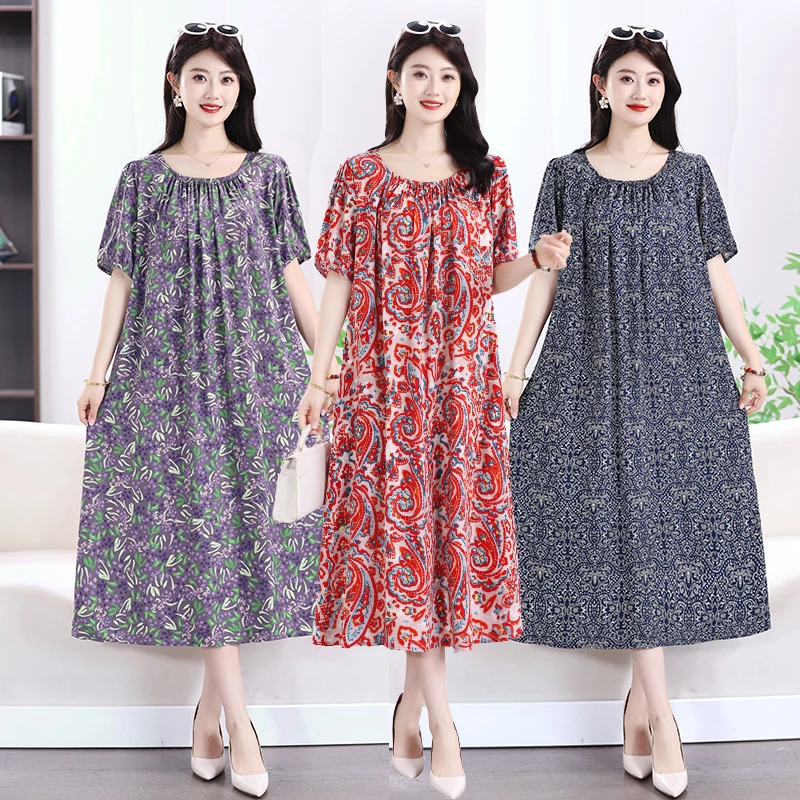 棉绸加长夏季新款睡裙加大加肥宽松连衣裙中老年绵绸睡衣服家居服