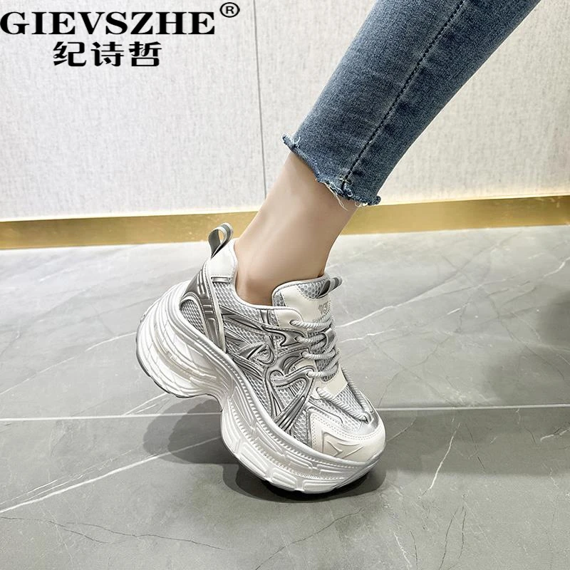 纪诗哲10cm超厚底老爹鞋女2025新款透气隐形增高运动鞋百搭小个子