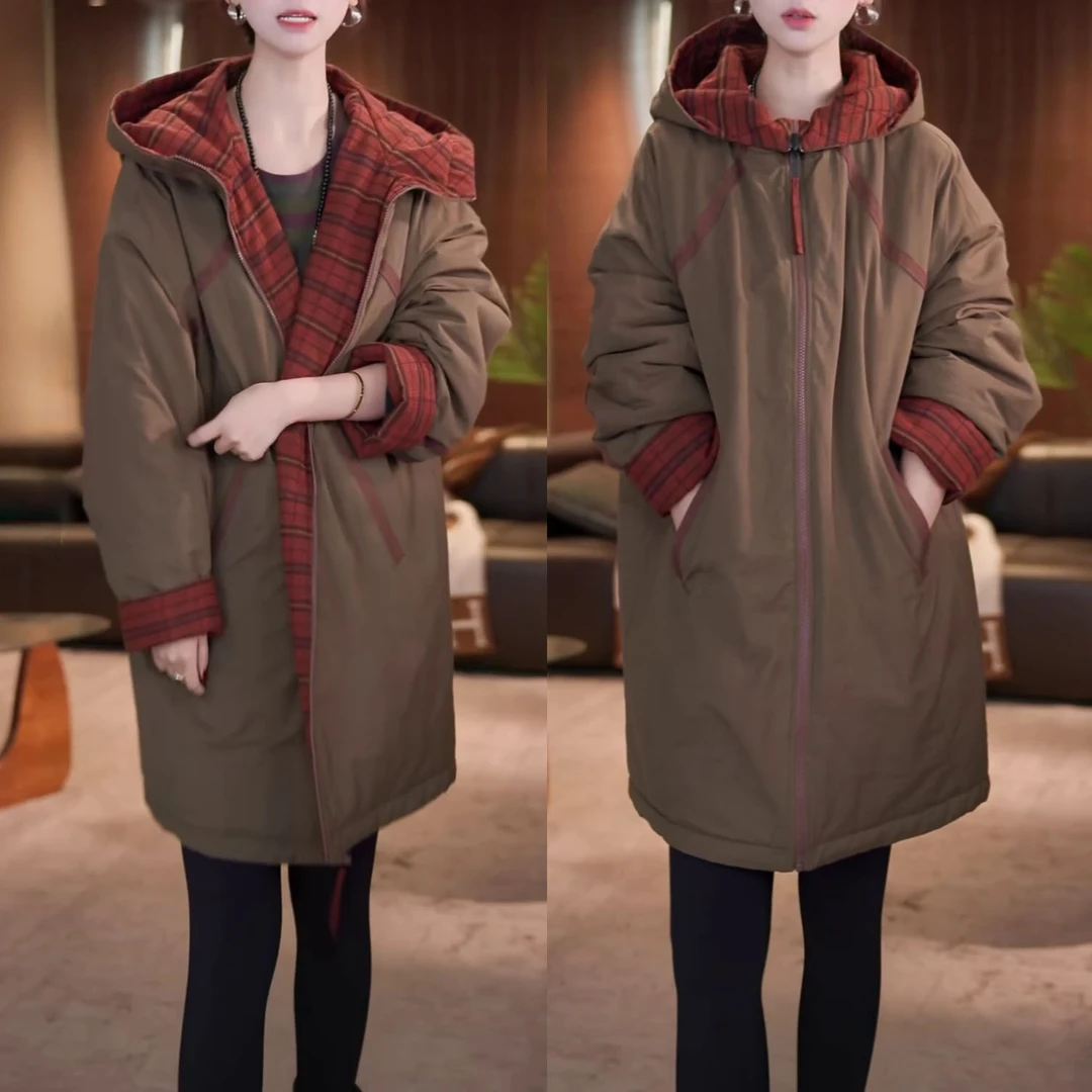 时尚加厚保暖连帽棉服外套2025秋冬新款洋气显瘦中长款双面穿棉衣