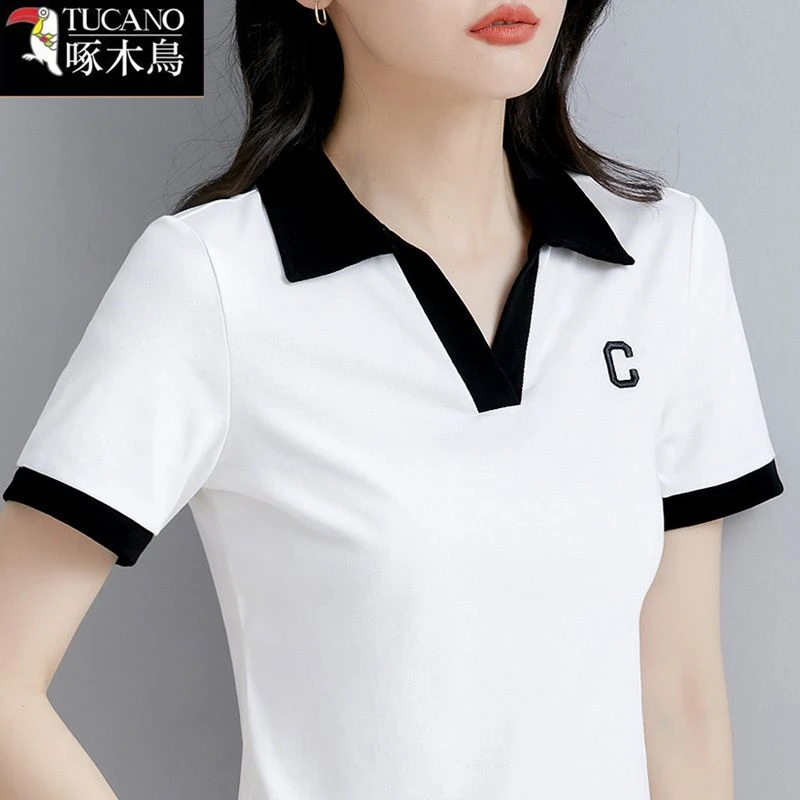啄木鸟夏季翻领撞色刺绣字母T恤女2025新款时尚设计拼接打底上衣