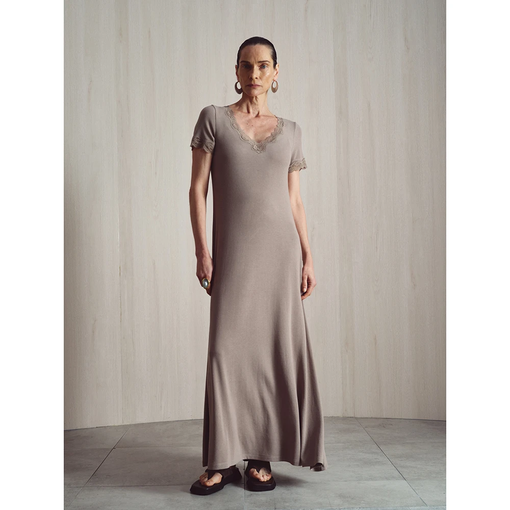 SYUSYUHAN设计师品牌 进口环保醋酸羊毛螺纹高弹蕾丝A摆连衣裙