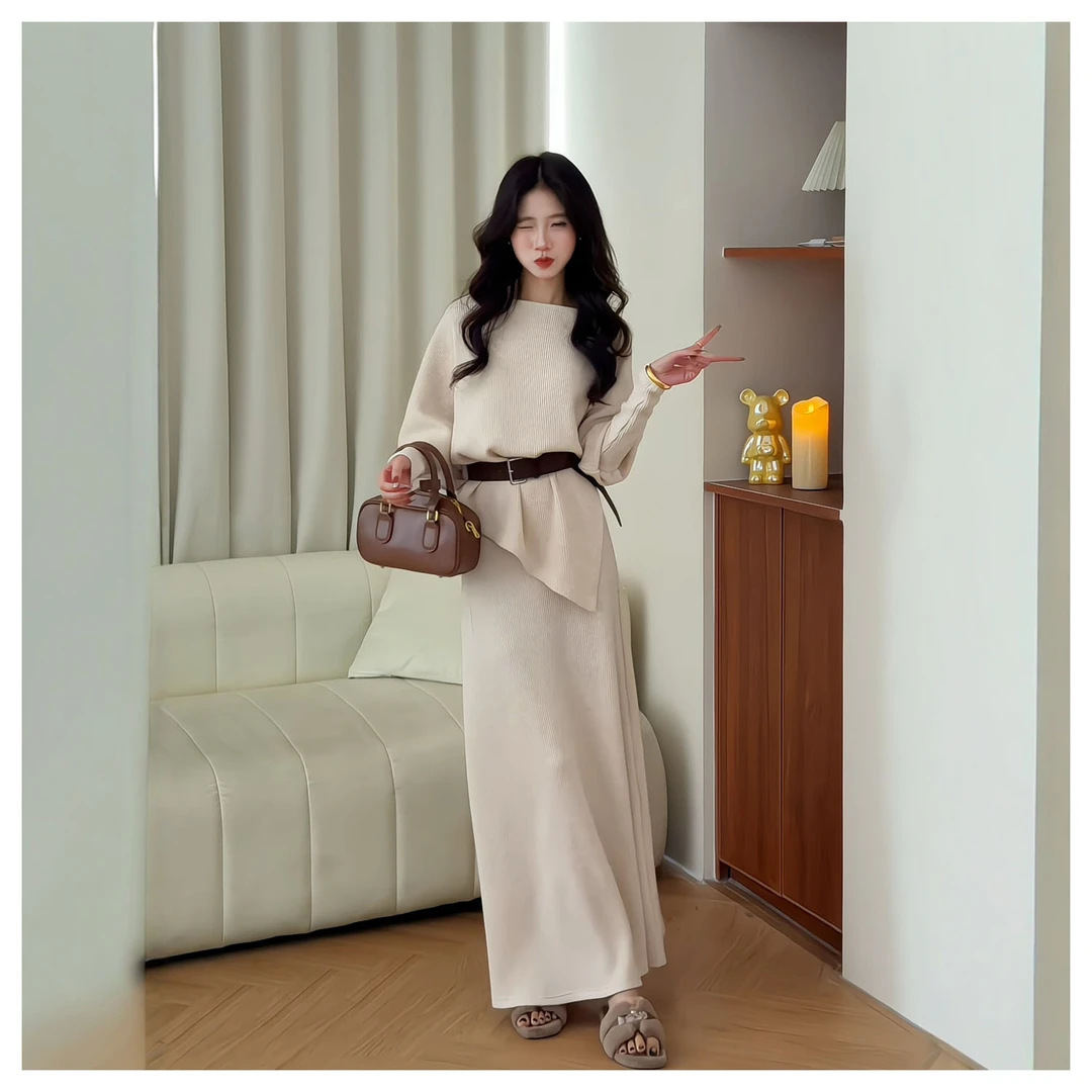 极简风气质针织套装女秋冬法式慵懒风蝙蝠袖上衣显瘦半身裙两件套