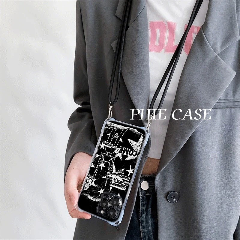 iPhone13手机壳软苹果16ProMax防摔12暗黑风星星15适用14斜挎挂绳
