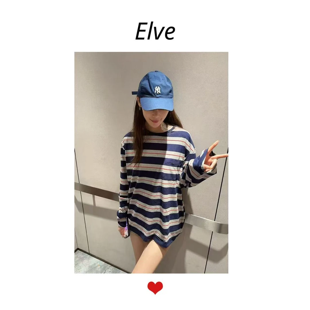 MM条纹宽松慵懒风休闲百搭韩版韩版小众设计感男女同款长袖T恤