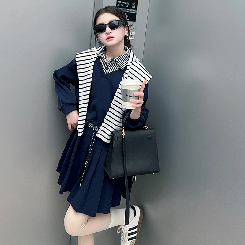 女童套装春装2025儿童初学生春款藏青宽松衬衫领卫衣百褶裙两件套