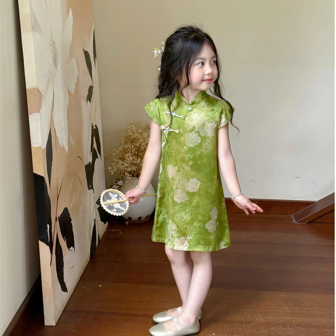 现货）壹妈童装女童连衣裙夏季轻薄洋气新中式唐装女宝宝绿色旗袍