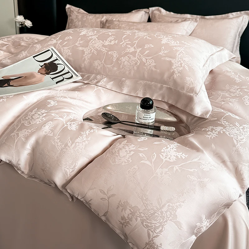高级感莱赛尔提花冰丝四件套丝滑裸睡被套床单床上用品三件套床笠