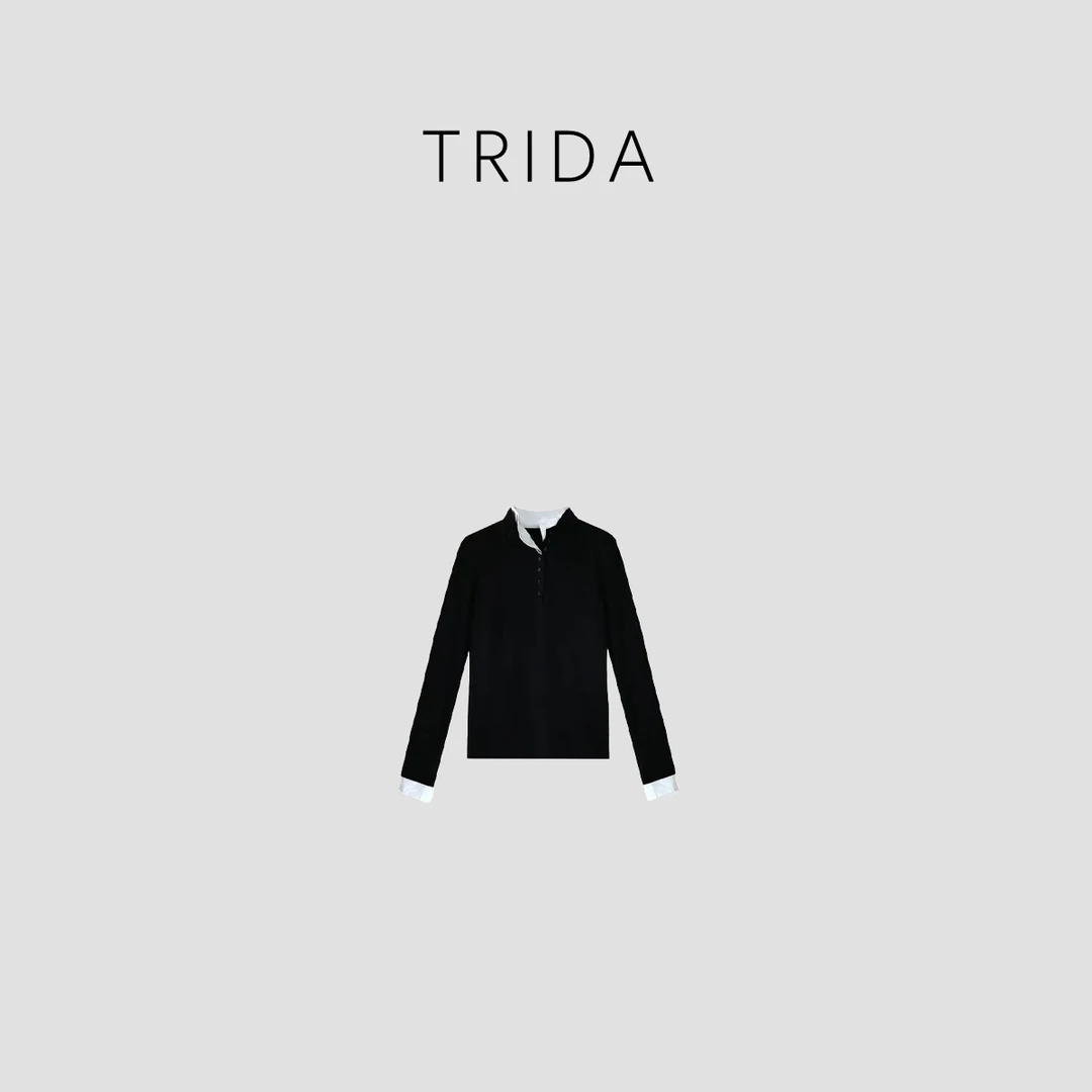 【Trida】黑色天丝混纺中高领假两件拼接针织衫5175A