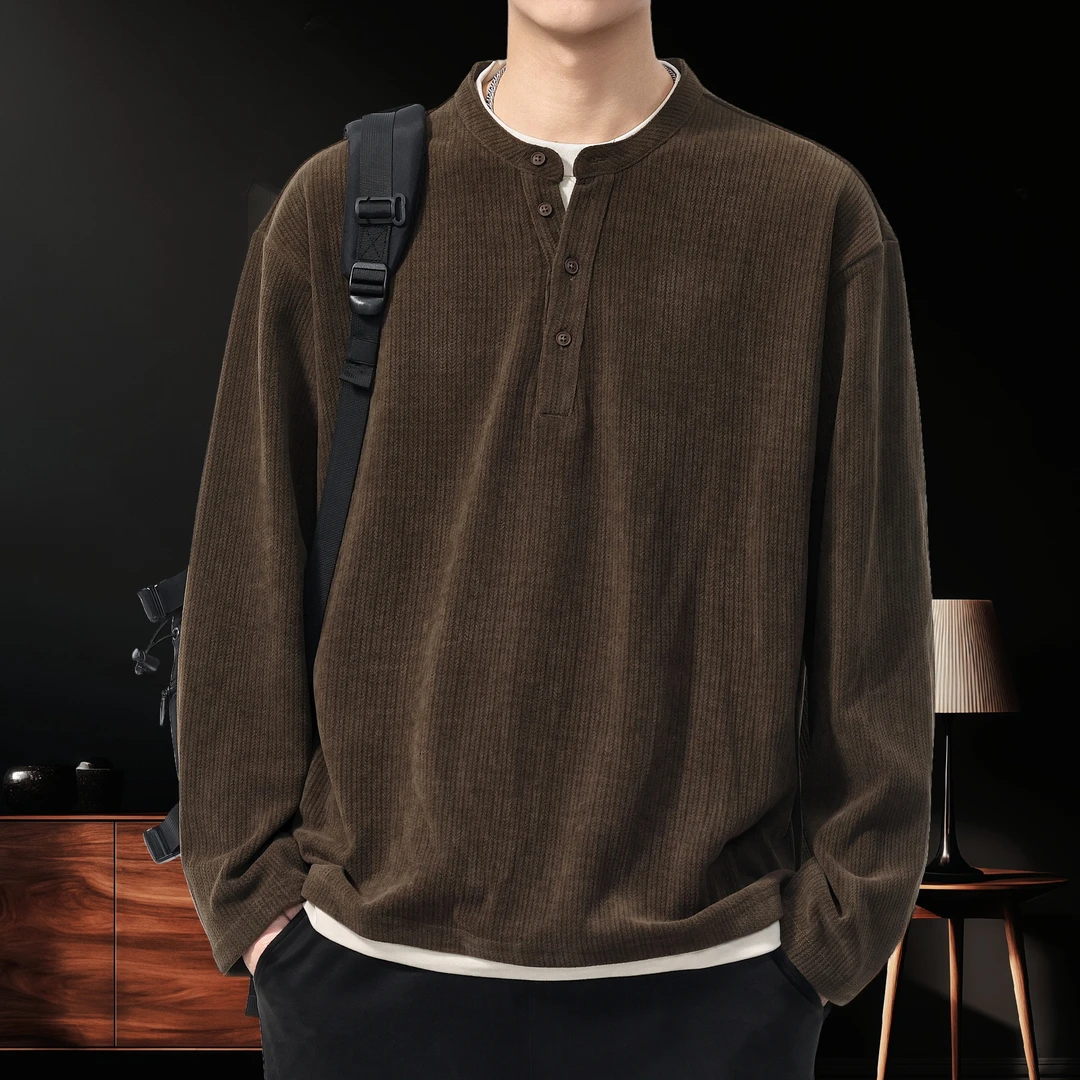 新款重磅水洗树枝纹假两件长袖T恤复古高级感休闲潮流打底衫上衣