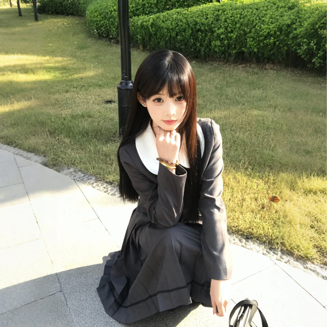 JK原创【椿日高】日系学院校供感风圆领西服外套长袖箱褶女中裙套装