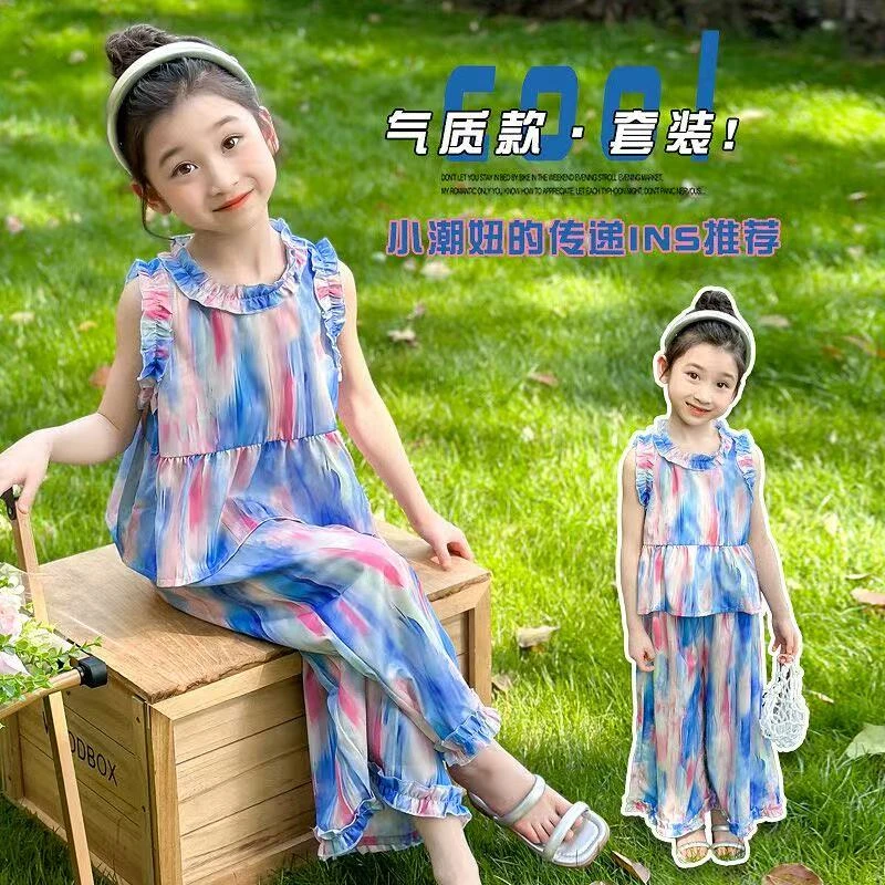 女童套装夏季2025新款休闲洋气清凉无袖两件套扎染蓝色小女孩套裤
