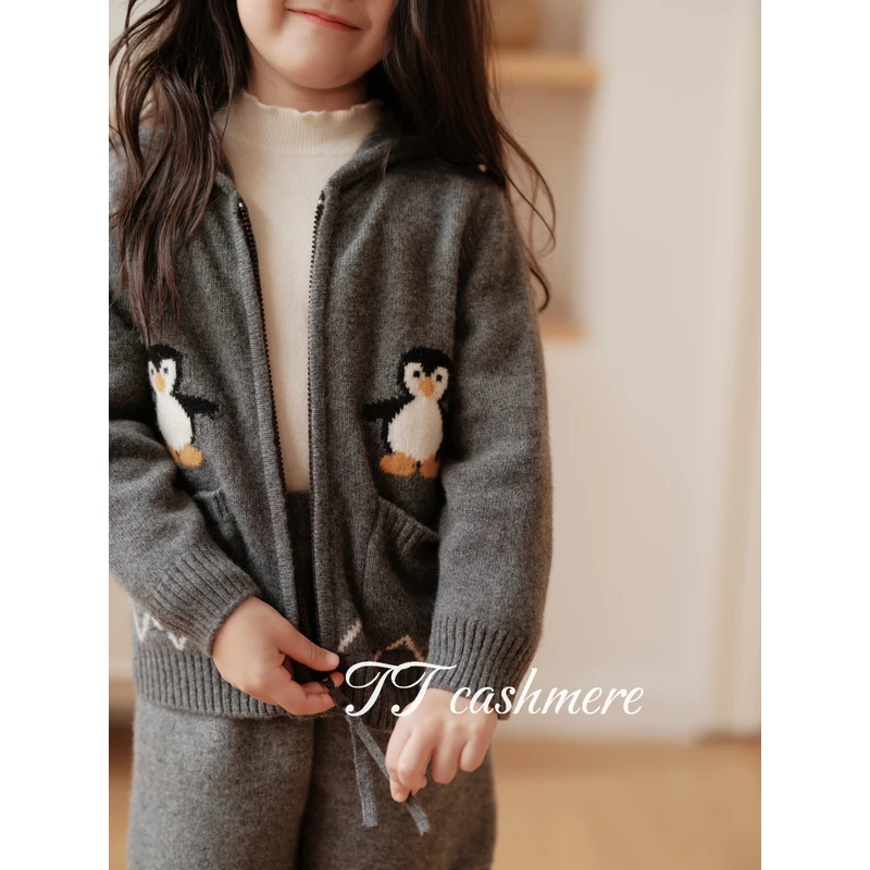 TT cashmere亲子装羊绒衫纯山羊绒卡通企鹅加厚针织儿童保暖开衫