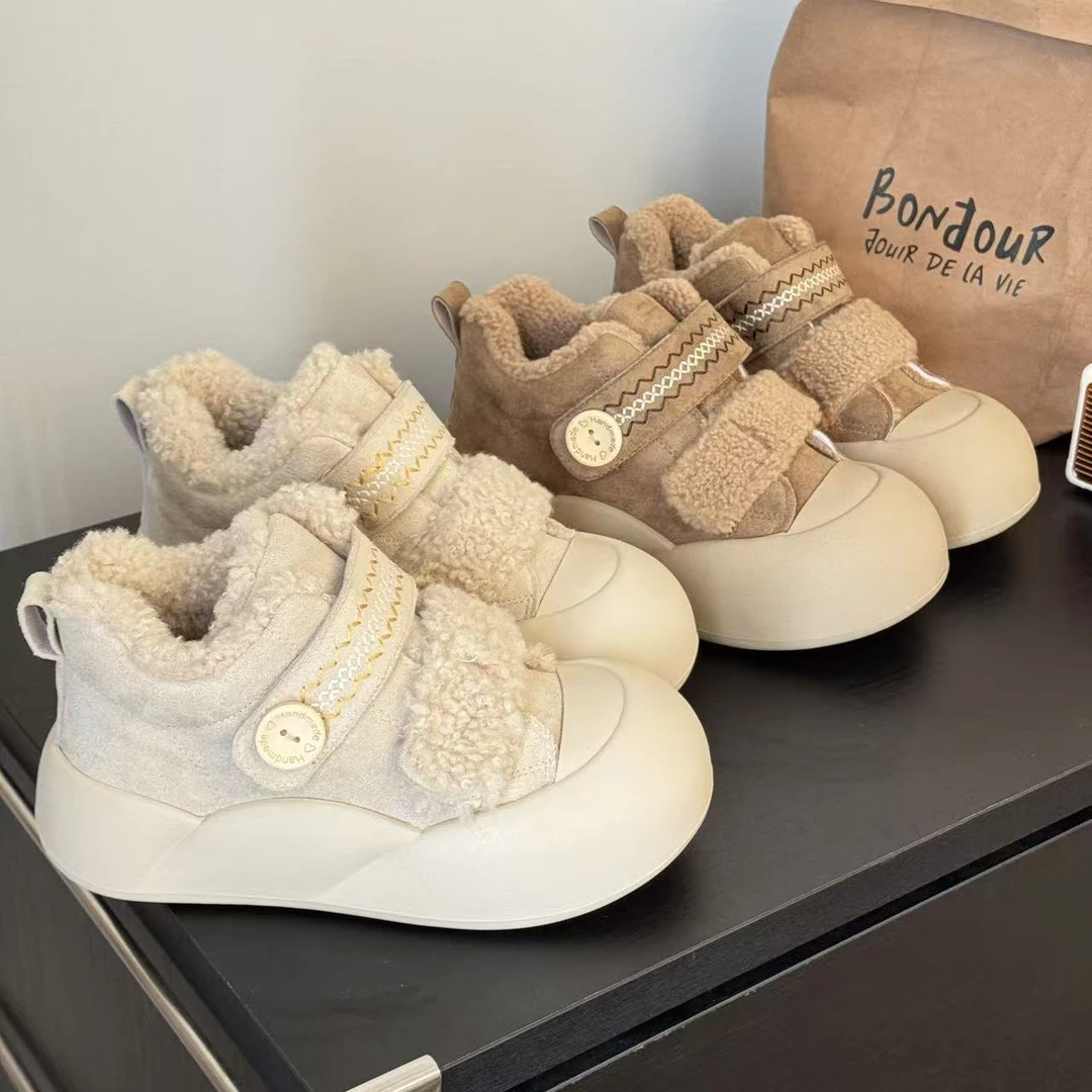复古加绒魔术贴面包鞋2025新款港风厚底女秋冬高帮雪地靴百搭棉鞋