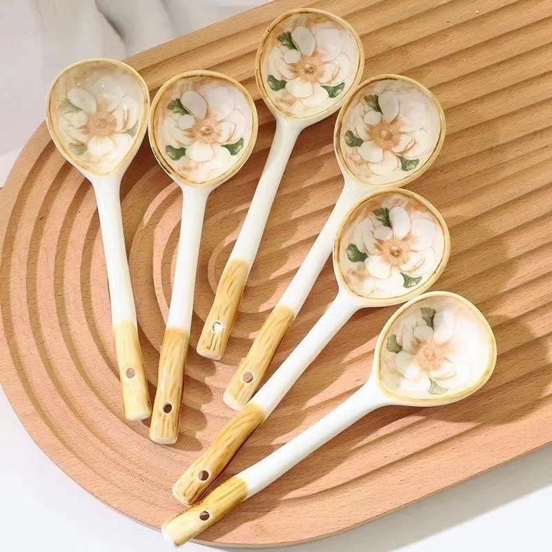 【句途】10个山茶花长柄陶瓷勺子