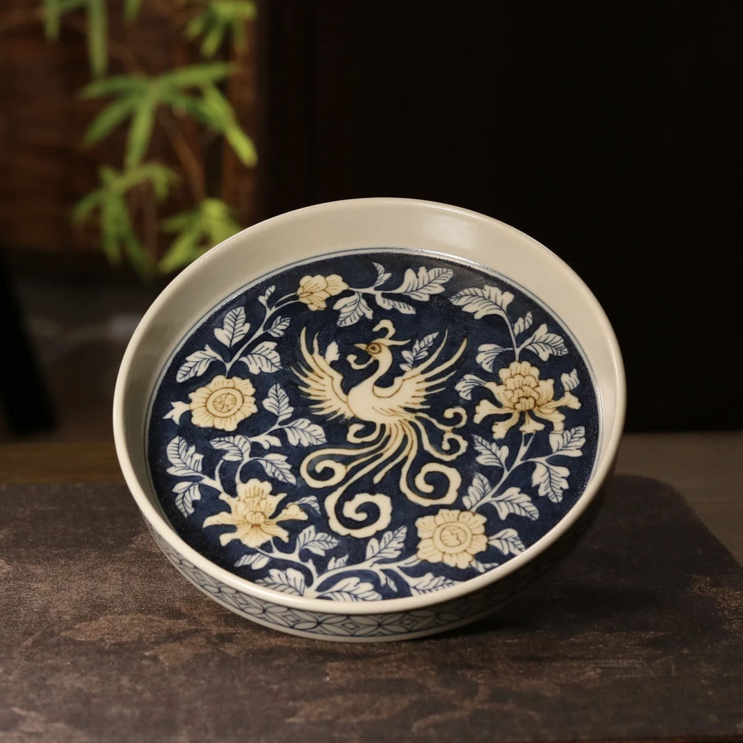 雨溪山房 景德镇手绘青花釉里金太阳鸟凤凰壶承