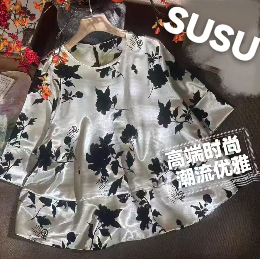常规款圆领宽松薄款上衣优雅短袖小衫拼接女士洋气