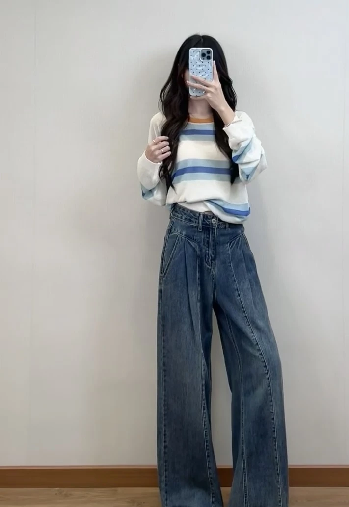 牛仔裤女高腰2025春季新款阔腿裤 黑黛蓝#7300
