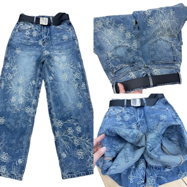 89520单品弯刀裤高品质窄版直筒显瘦提花牛仔裤高腰时尚洋气长裤