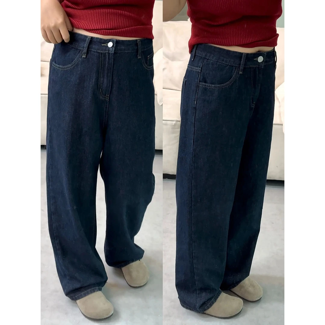 高腰直筒牛仔裤女2025新款深蓝色原牛丹宁阔腿裤