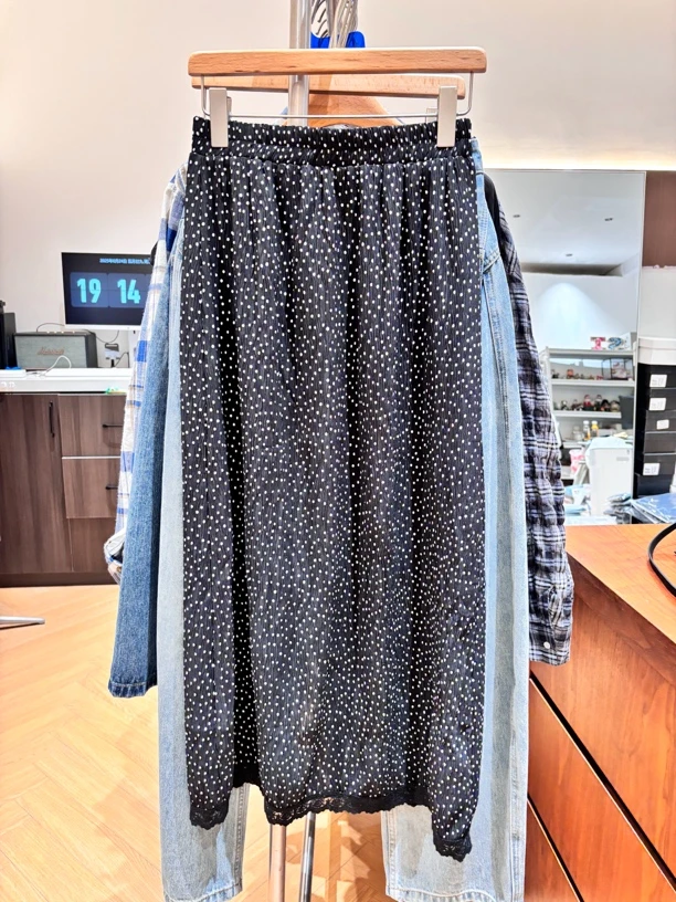 蕾丝边波点长裙轻薄款橡筋腰