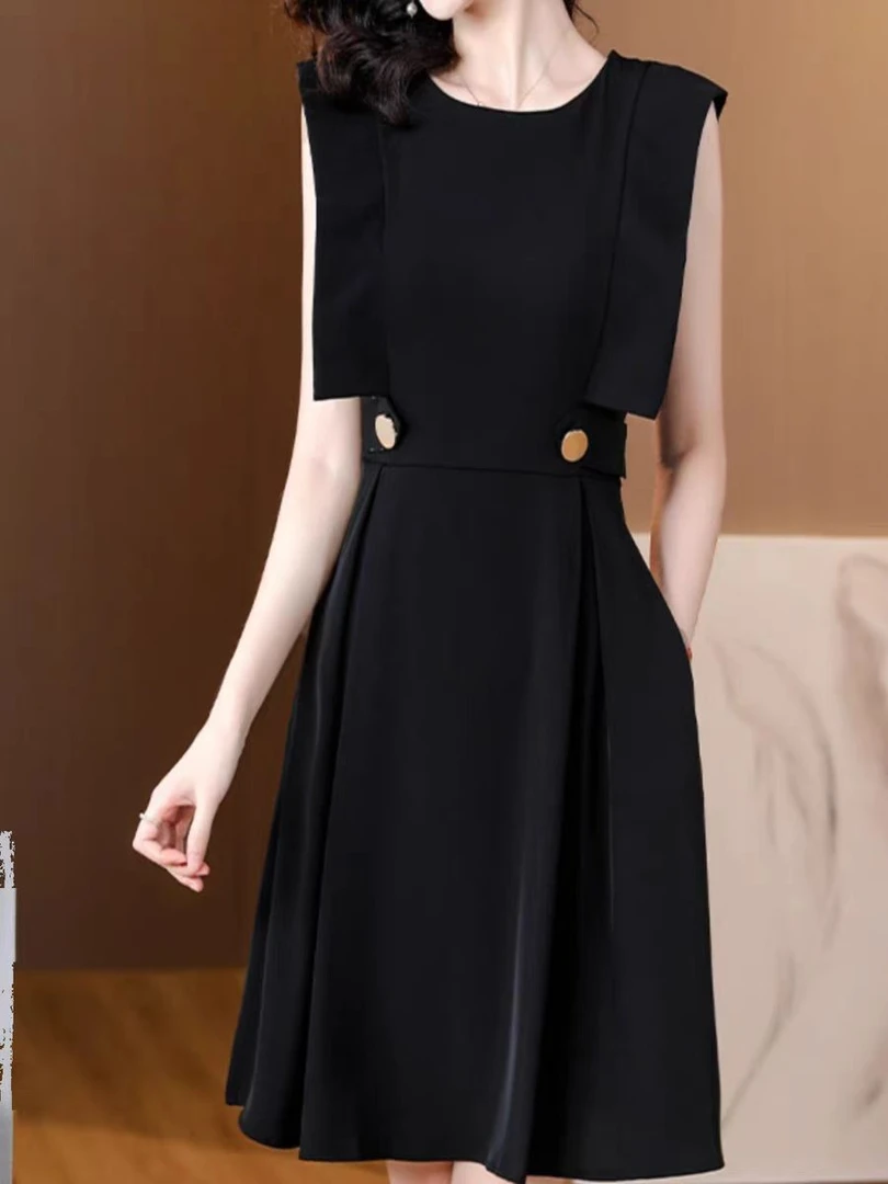 法式赫本风无袖长裙子轻熟御姐风气质黑色连衣裙B3-589