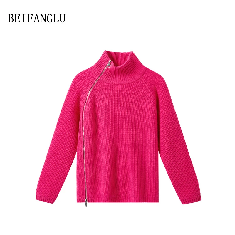 北方鹿 100山羊绒高领拉链宽松加厚慵懒针织毛衣外套女士251540